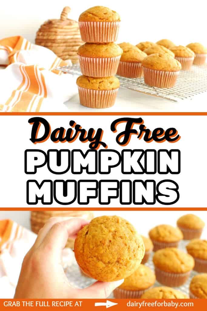 A collage of three muffins stacked on top of eachother and a woman's hand holding a muffin, with a text overlay that says dairy free pumpkin muffins.