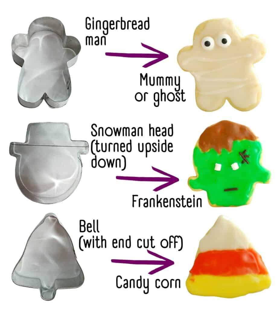 A gingerbread man cookie cutter turned into a mummy, a snowman head turned into Frankenstein, and a bell turned into candy corn.