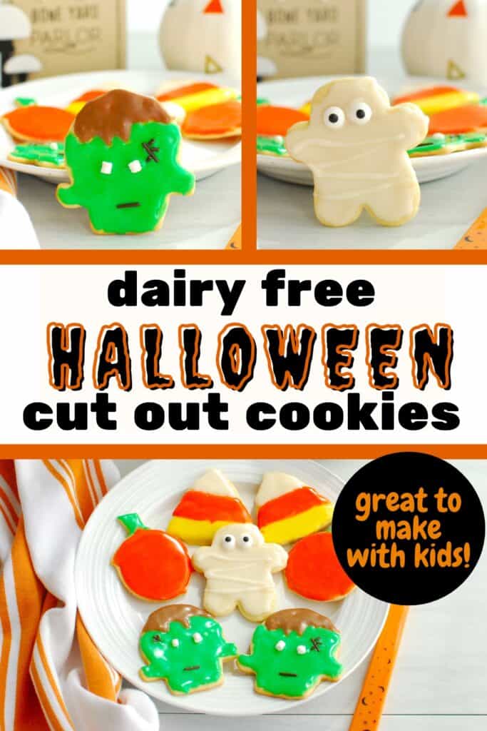 A collage with several different dairy free Halloween cookies, and a text overlay with the name of the recipe.