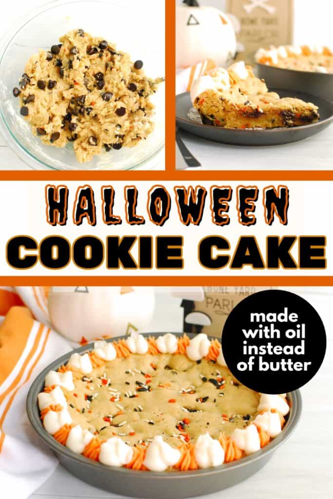 A collage of cookie dough, a slice of Halloween cookie cake, and an overhead shot of a frosted Halloween cookie cake, with a text overlay with the name of the recipe.