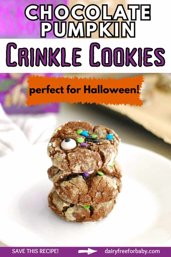 Three Halloween cookies stacked on top of each other, with a text overlay with the name of the recipe.