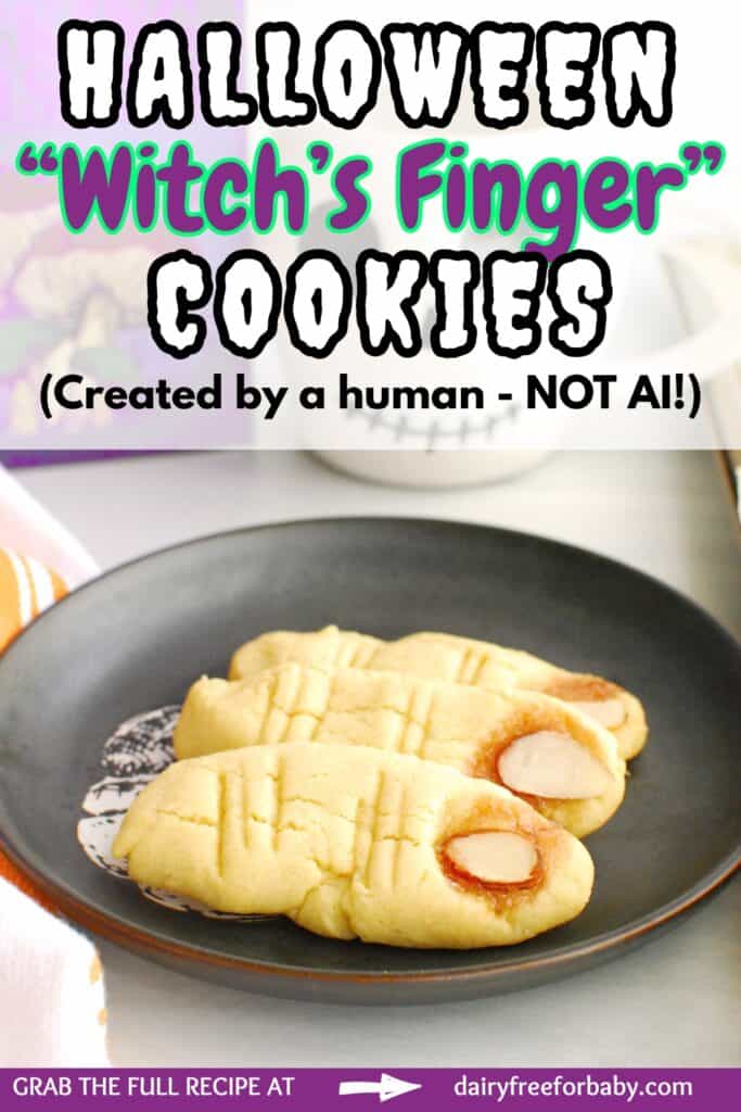 Three Halloween finger cookies on a plate with a text overlay with the name of the recipe.