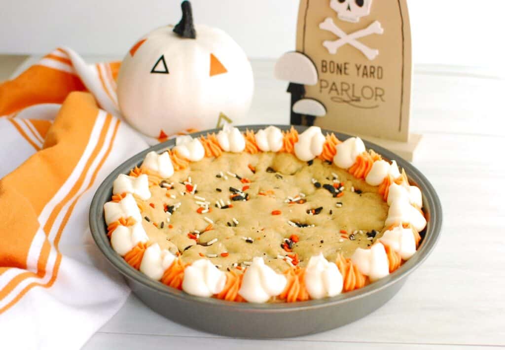 A frosted Halloween cookie cake made with oil instead of butter.