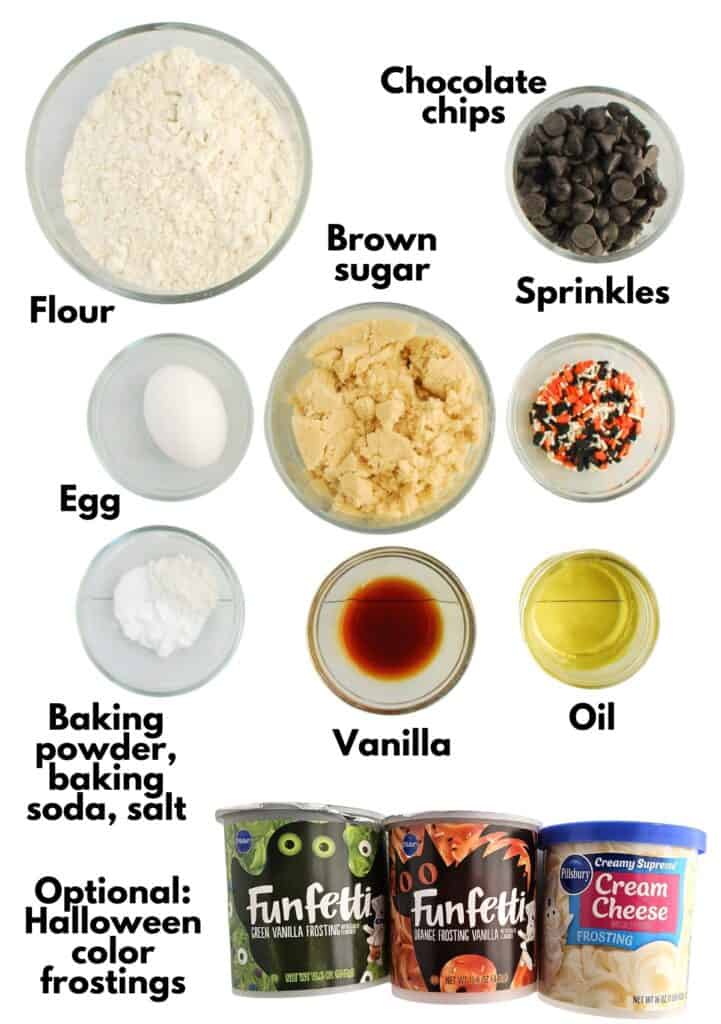 Flour, chocolate chips, brown sugar, egg, sprinkles, baking powder, baking soda, salt, vanilla, oil, and frosting.