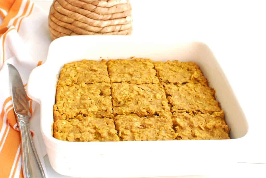 A dish with maple pumpkin baked oatmeal.