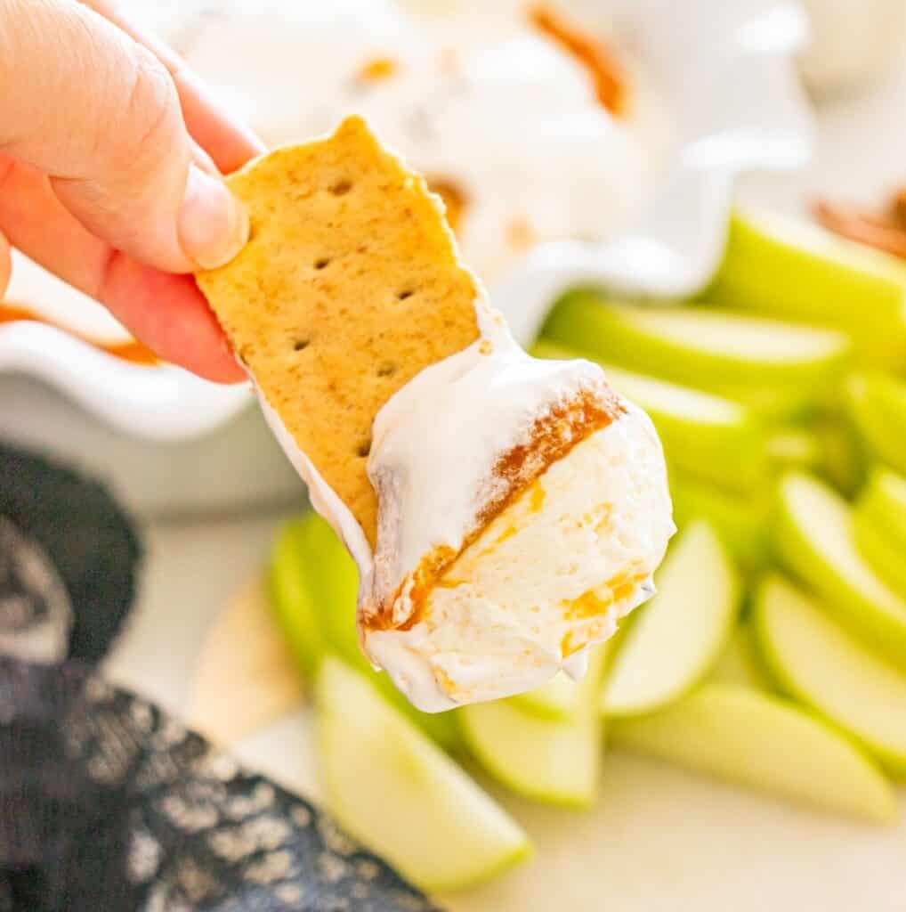 A graham cracker with a scoop of dairy-free pumpkin cheesecake dip.