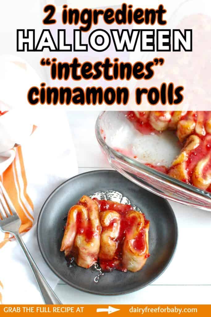 A Halloween cinnamon roll that looks like intestines on a plate with a text overlay with the name of the recipe.