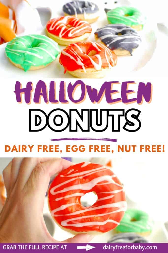 A platter of Halloween donuts, and a woman's hand holding a donut, with a text overlay with the name of the recipe.