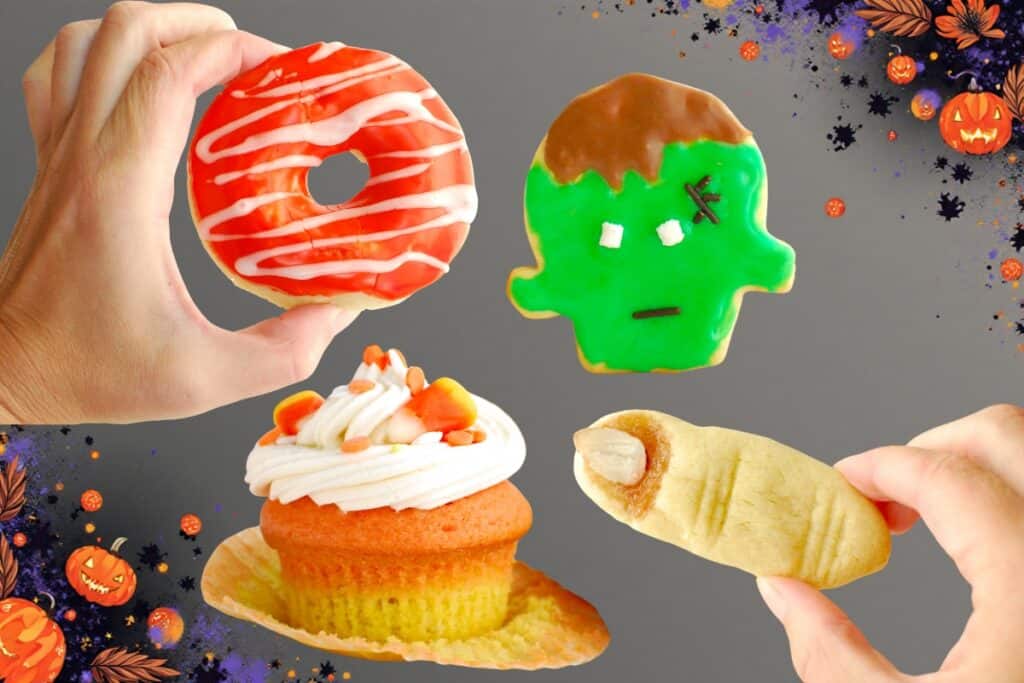 A Halloween donut, dairy-free sugar cookie, candy corn cupcake, and finger cookie on a spooky Halloween backdrop.