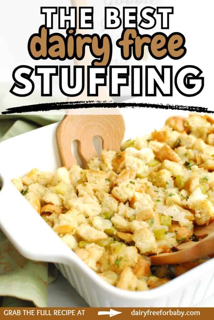 A casserole dish of dairy free stuffing with a text overlay with the name of the recipe.