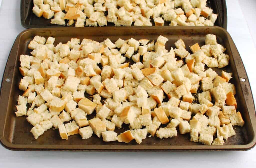 Bread on baking sheets that is dried out for stuffing.