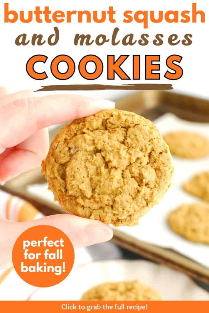 A woman's hand holding a butternut squash molasses cookie with a text overlay with the name of the recipe.