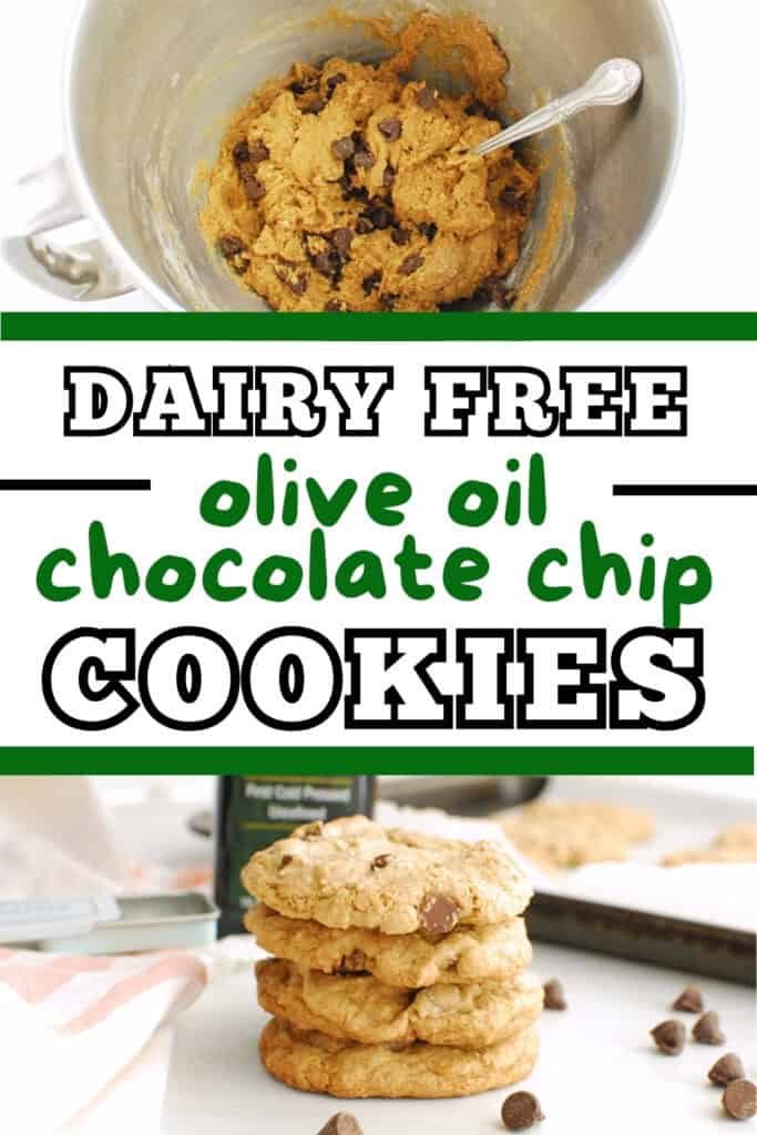 A collage of cookie dough and a baked olive oil chocolate chip cookie, with a text overlay with the name of the recipe.