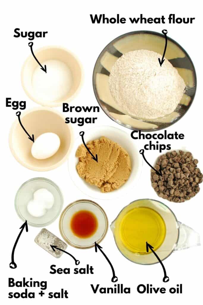 Flour, egg, sugar, brown sugar, chocolate chips, baking soda, salt, vanilla, and olive oil.
