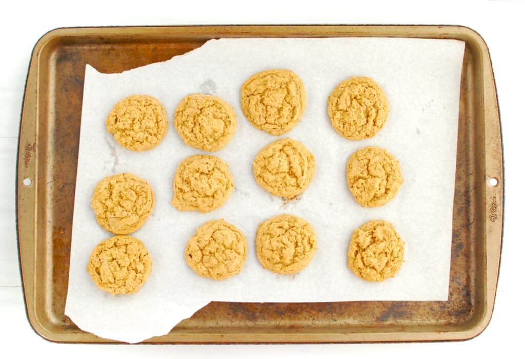 Just-baked butternut squash molasses cookies on a baking sheet.
