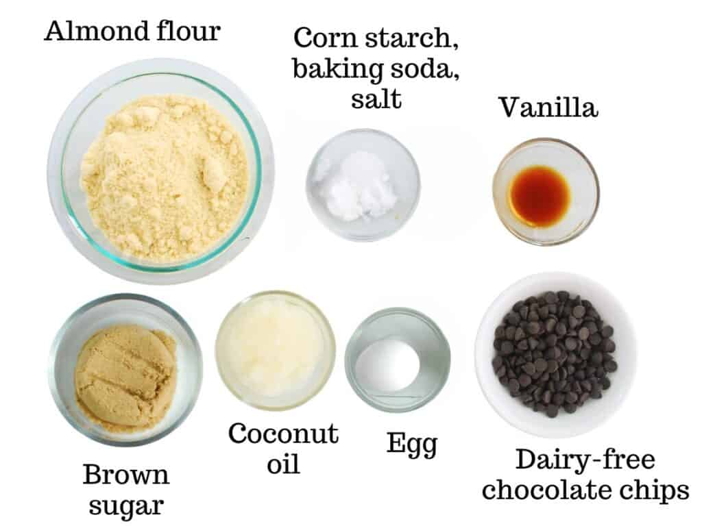 Almond flour, corn starch, baking soda, salt, vanilla, brown sugar, coconut oil, egg, chocolate chips.