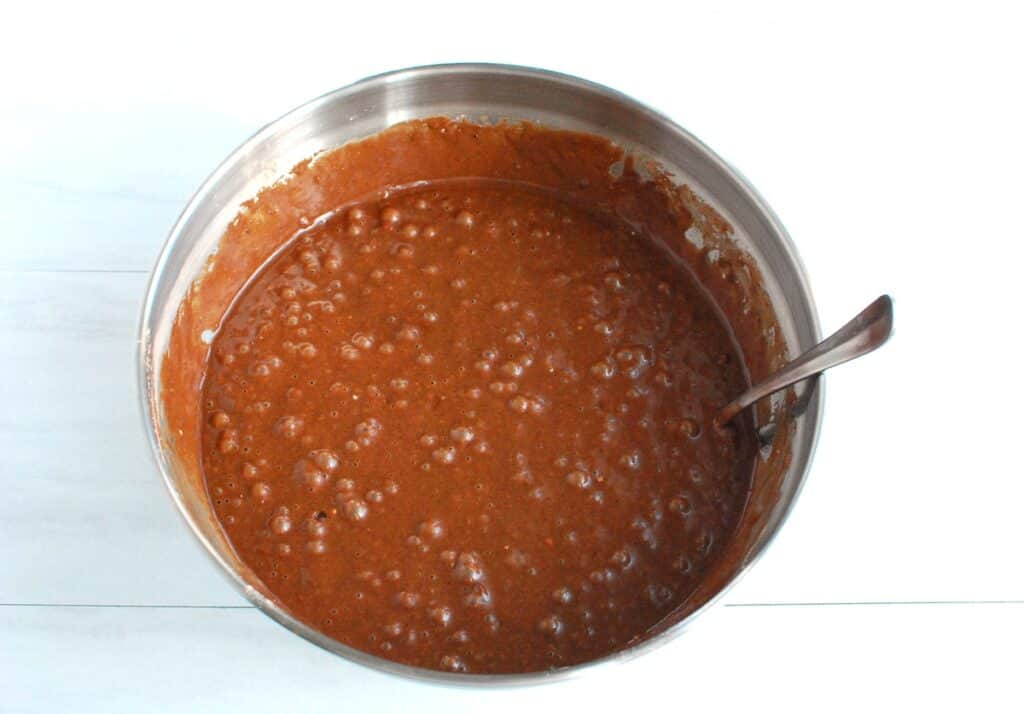 Cake batter in a mixing bowl.