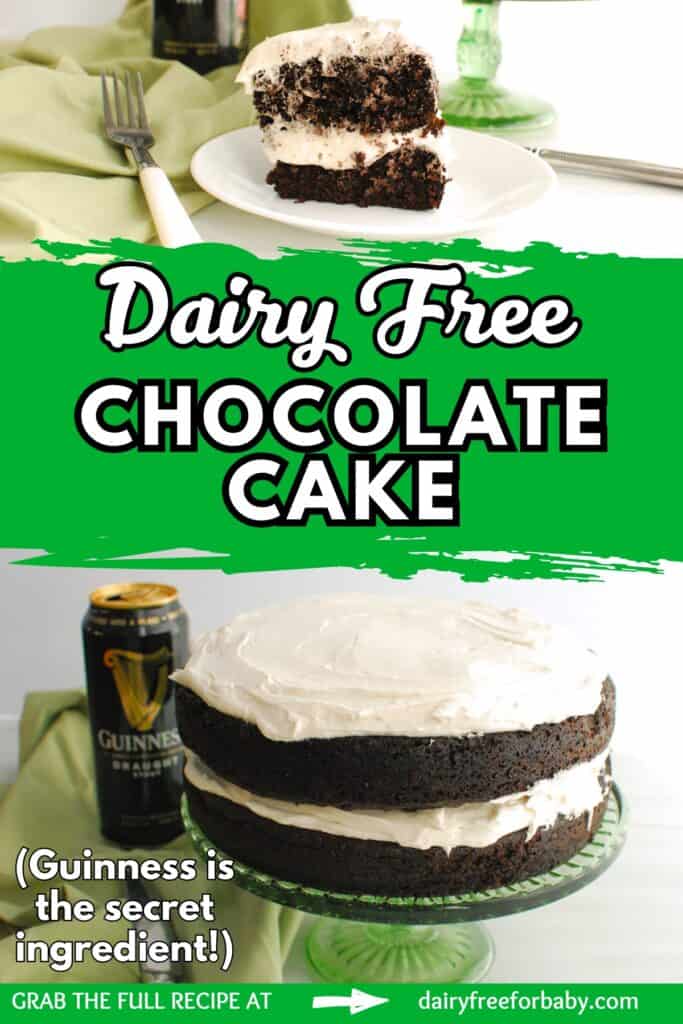 A collage of a slice of dairy-free Guinness chocolate cake, as well as the cake on a cake stand.
