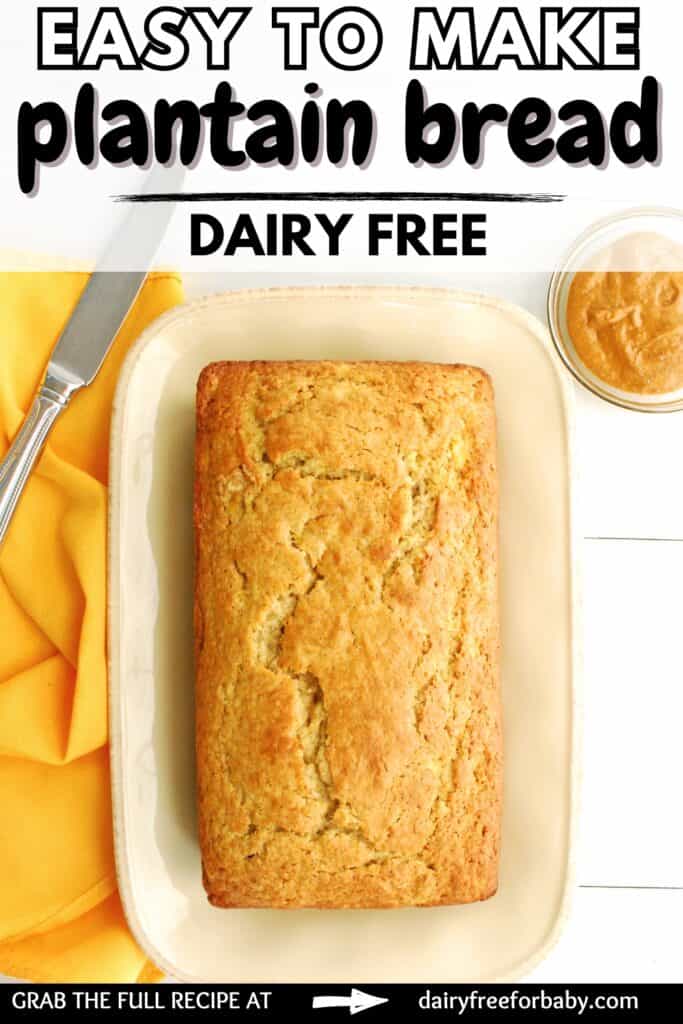 A loaf of plantain bread on a plate next to a napkin with a text overlay with the name of the recipe.