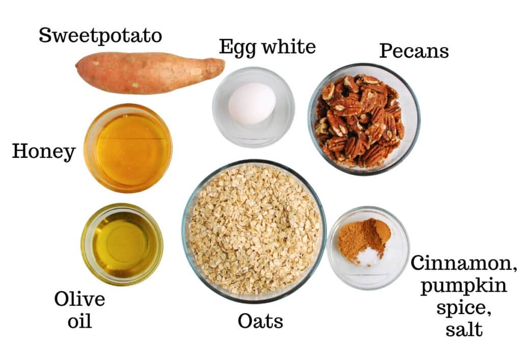 Sweet potato, egg white, pecans, honey, olive oil, oats, cinnamon, pumpkin spice, and salt.