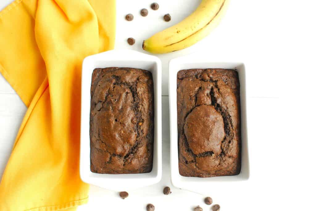 Two mini loaves of dairy free double chocolate banana bread.