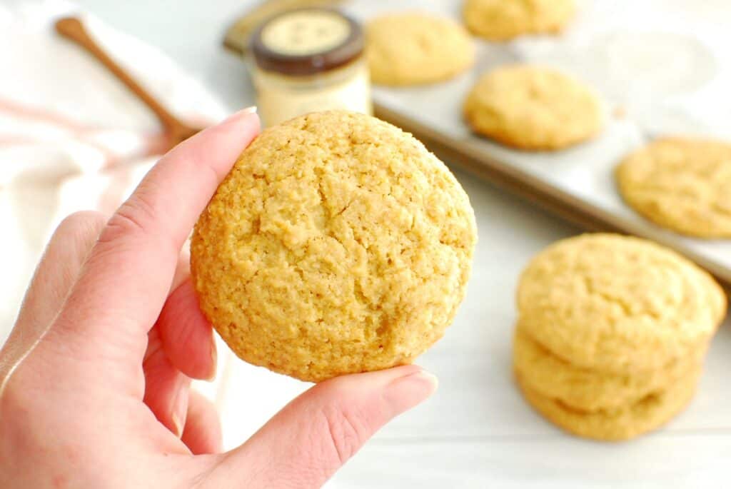 A woman's hand holding a dairy-free honey cornmeal cookie.