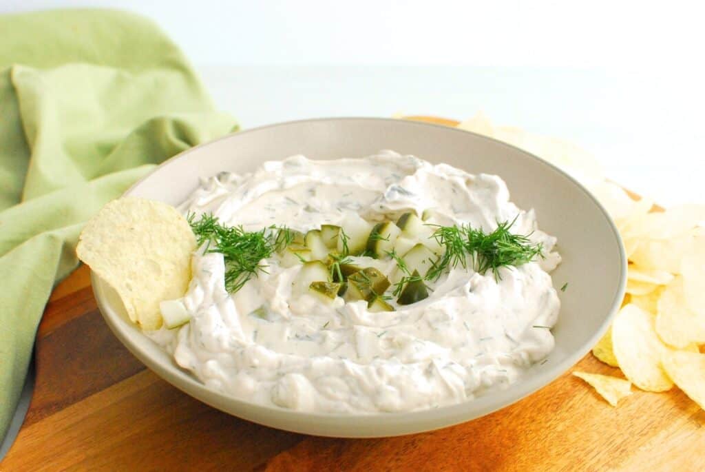 A bowl of dairy-free pickle dip.