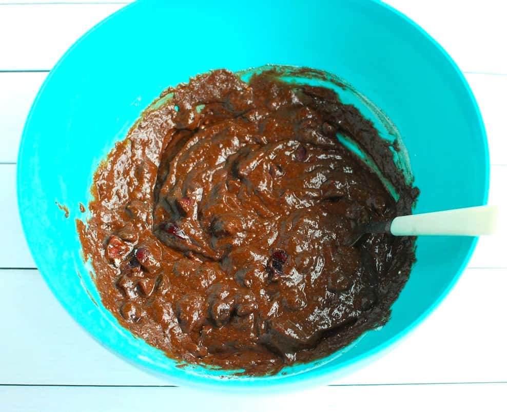 Brownie batter with cherries folded in.
