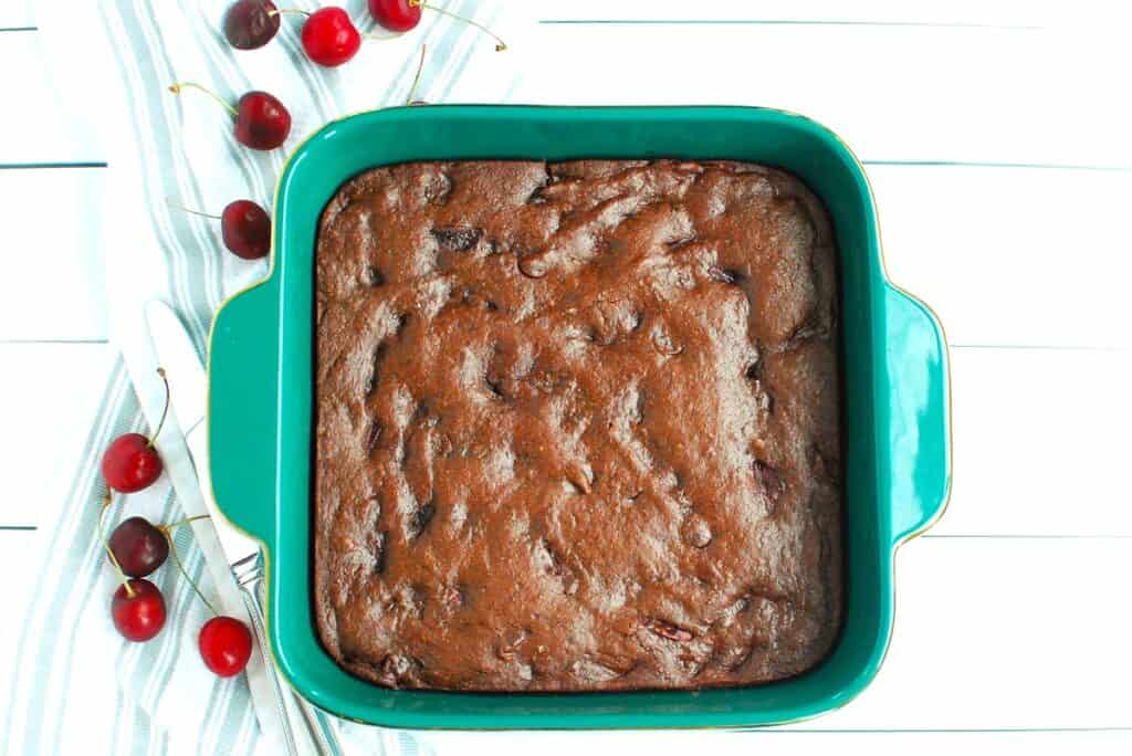 A pan of dairy free black bean and cherry brownies.