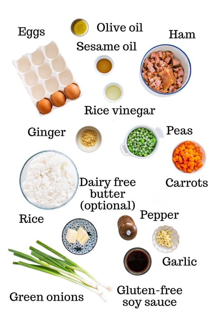 All of the ingredients for the recipe on a white backdrop.