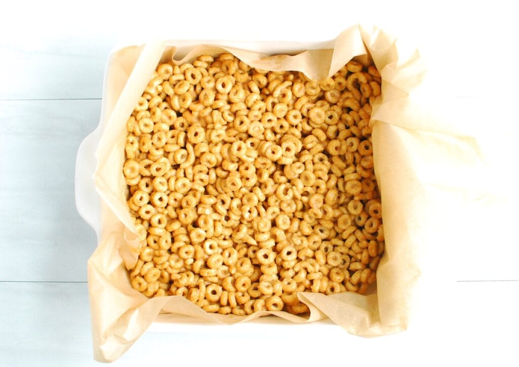 The mixture pressed into an 8x8 baking dish.