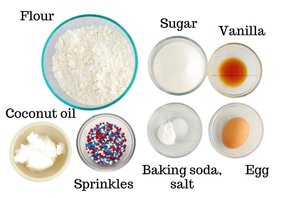 Flour, sugar, vanilla, coconut oil, baking soda, salt, egg, and sprinkles.
