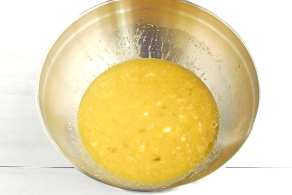 Bananas, eggs, honey, oil, almond milk, and vanilla mixed together.