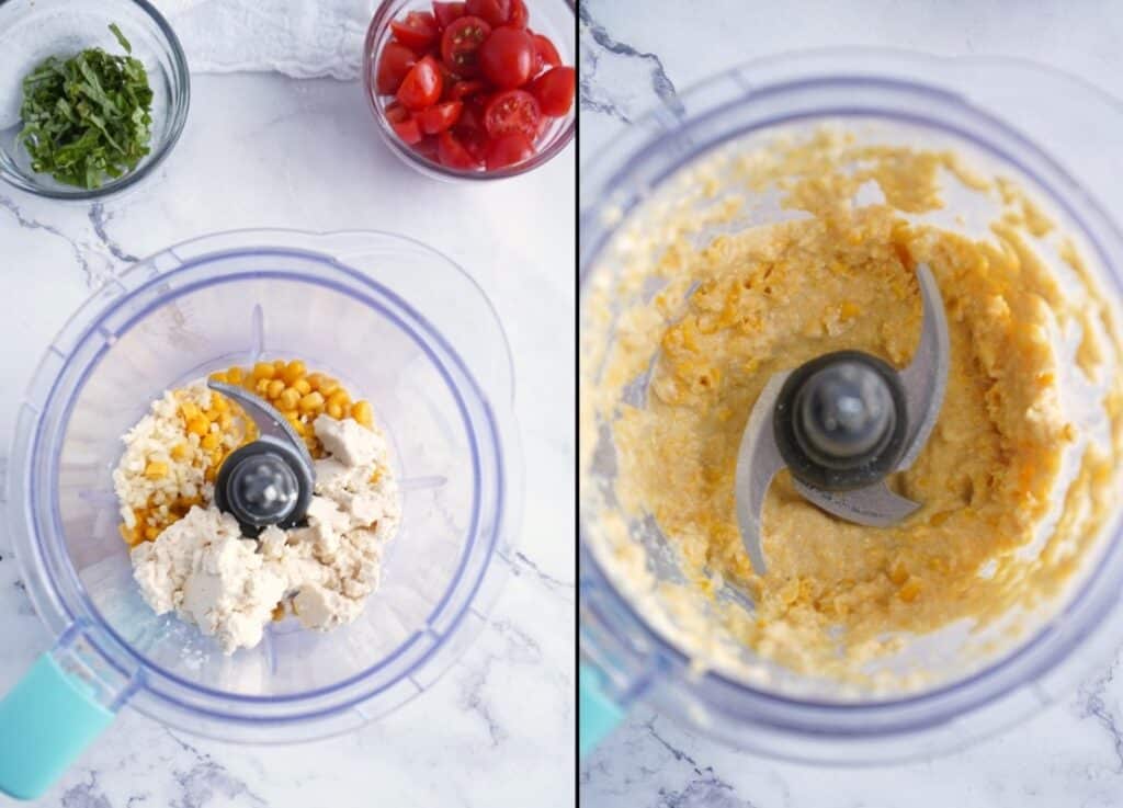 Ingredients added to a food processor bowl, and then a subsequent image of them blended together.