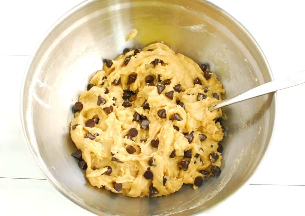Cookie dough in a mixing bowl.