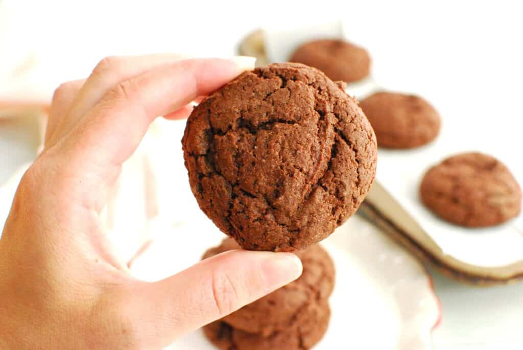A hand holding a chocolate cake mix cookie.