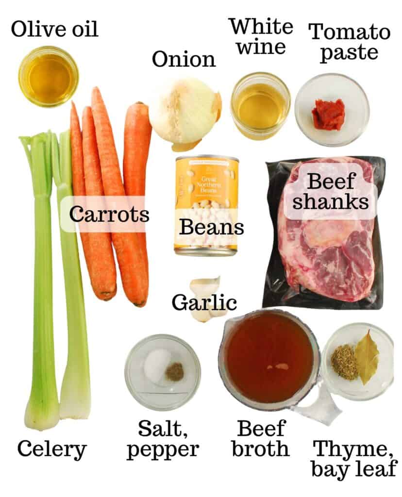 Beef shanks, tomato paste, wine, onion, oil, carrots, celery, beans, garlic, broth, and seasonings.