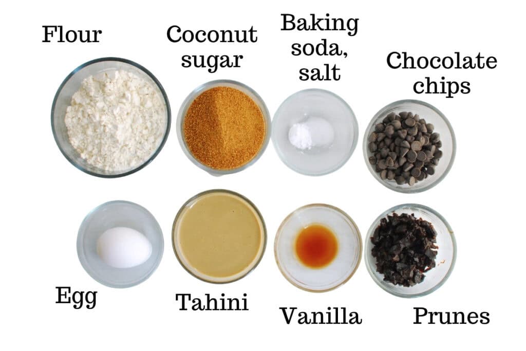 Flour, coconut sugar, baking soda, salt, chocolate chips, egg, tahini, vanilla, and prunes.