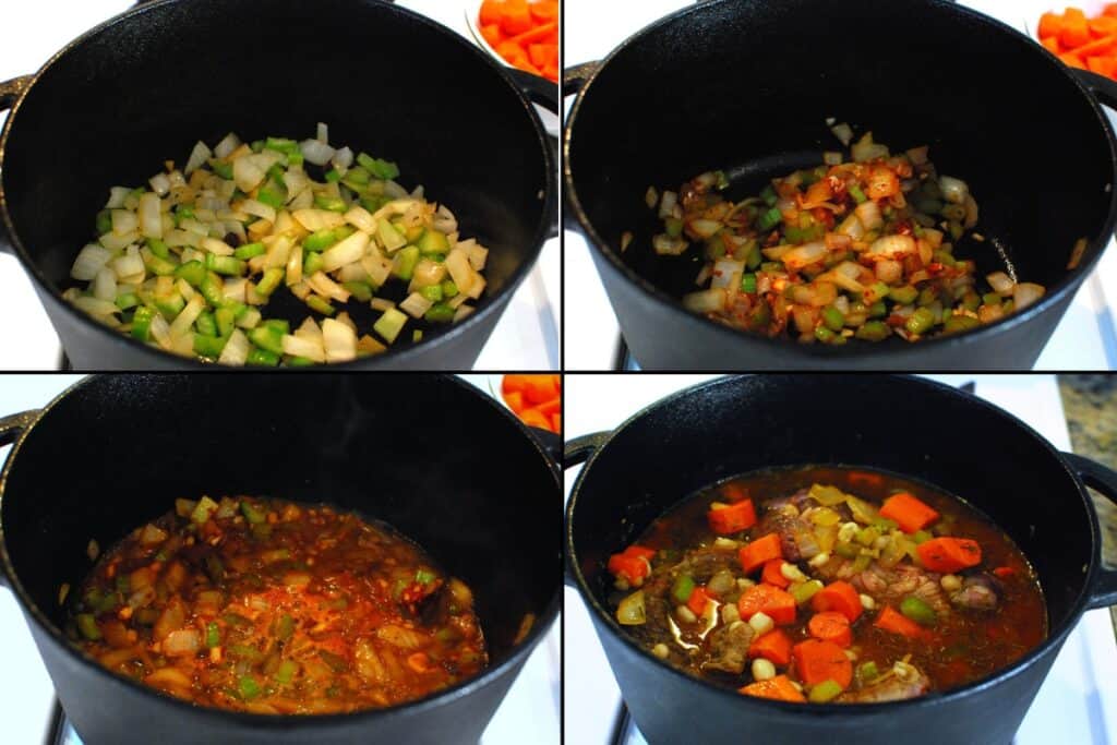 A collage of the process steps in cooking the ingredients for the braised beef shanks.