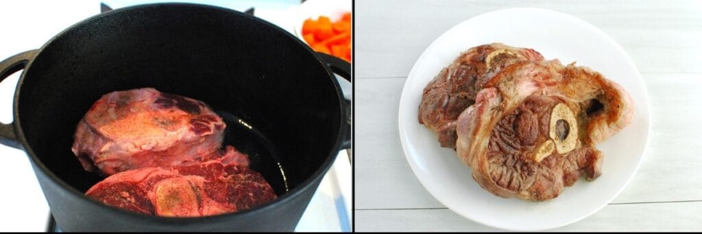 Beef shanks being browned in a Dutch oven, and then the browned shanks on a plate.