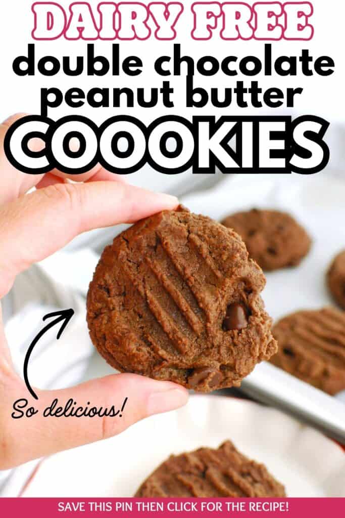 A hand holding a dairy free double chocolate peanut butter cookie with a text overlay with the name of the recipe.