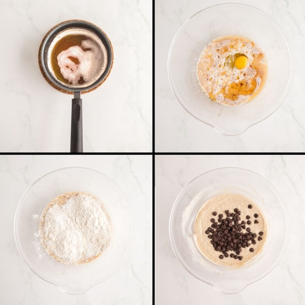 A collage of the steps of the recipe, including browning the butter, mixing the wet ingredients, adding the dry ingredients, and folding in the chocolate chips.