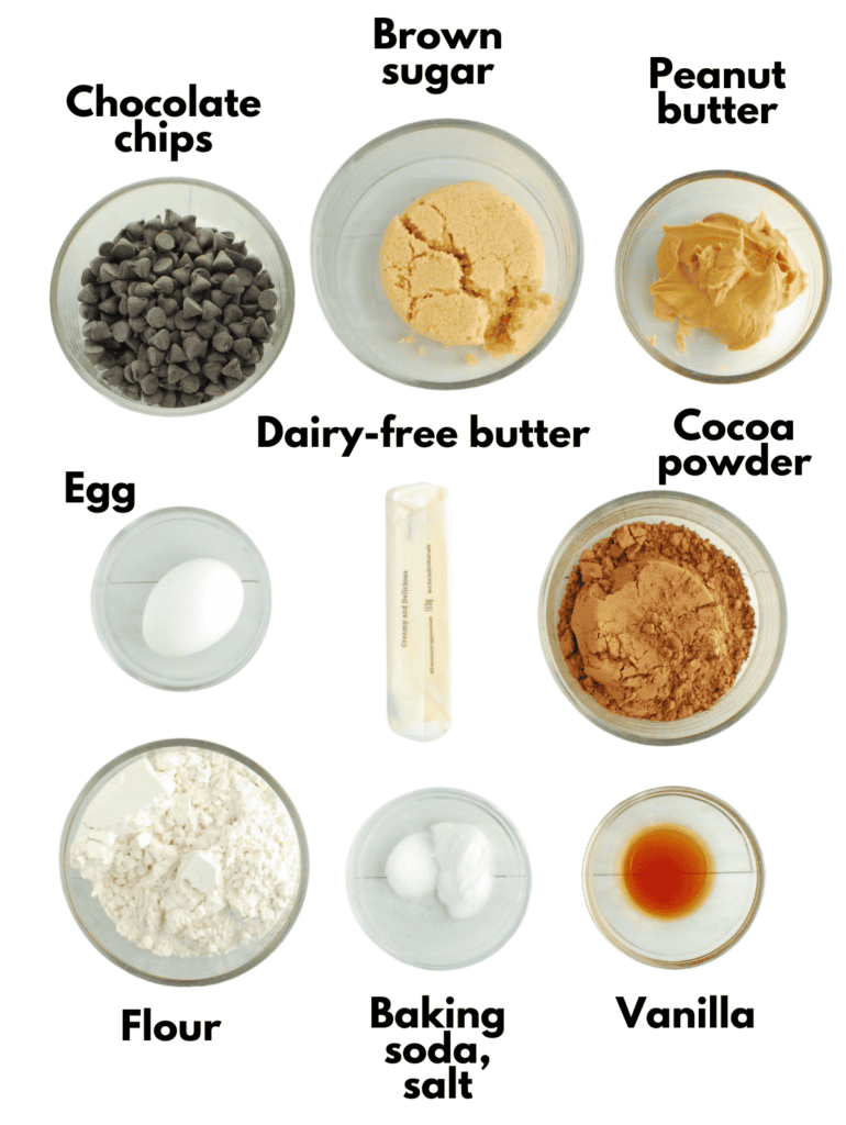 Dairy free butter, brown sugar, egg, vanilla, peanut butter, flour, cocoa powder, baking soda, salt, and chocolate chips.