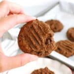A hand holding a dairy free double chocolate peanut butter cookie.