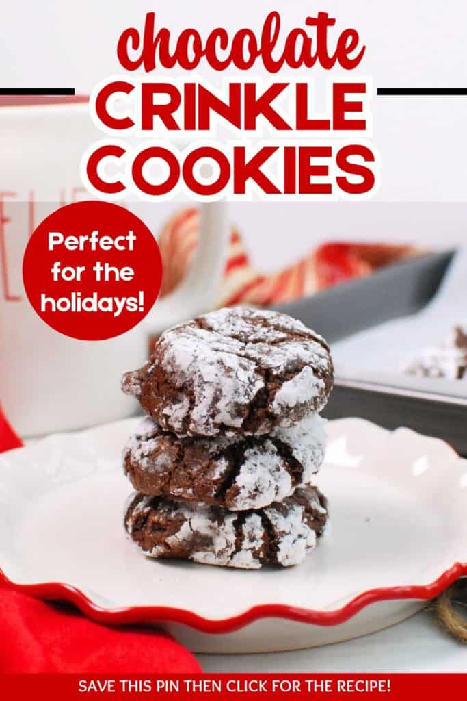 A stack of three chocolate crinkle cookies on a plate with a text overlay with the name of the recipe.