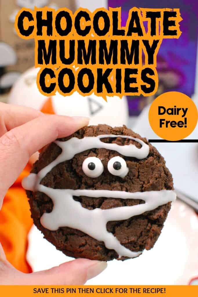 A dairy free chocolate mummy cookie with a text overlay with the name of the recipe.