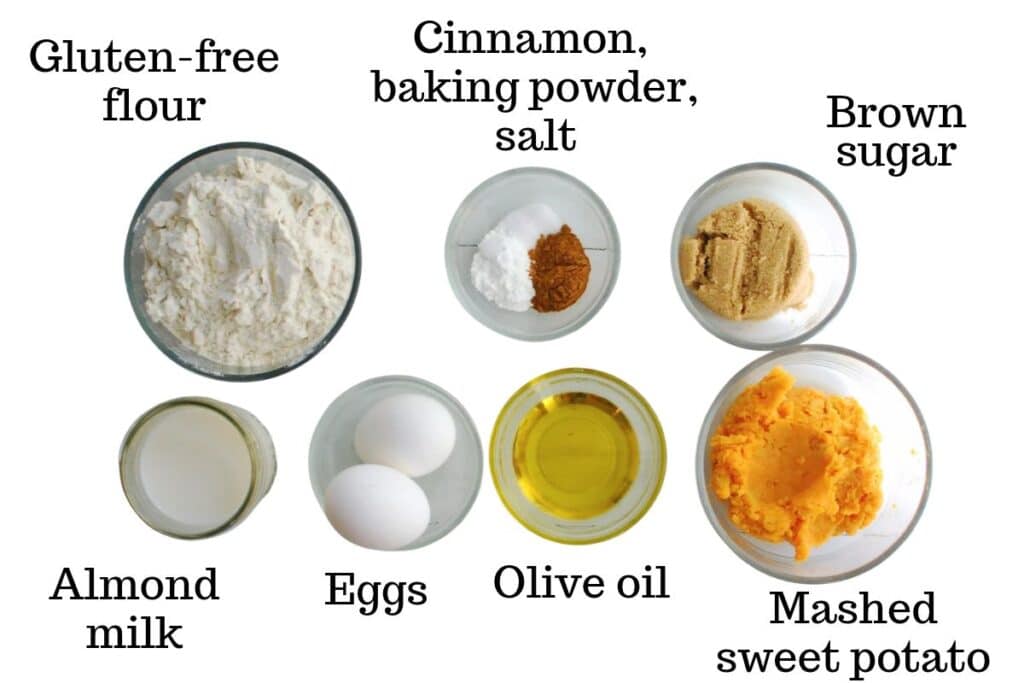 Gluten free flour, cinnamon, baking powder, salt, brown sugar, almond milk, eggs, oil, and mashed sweet potato.