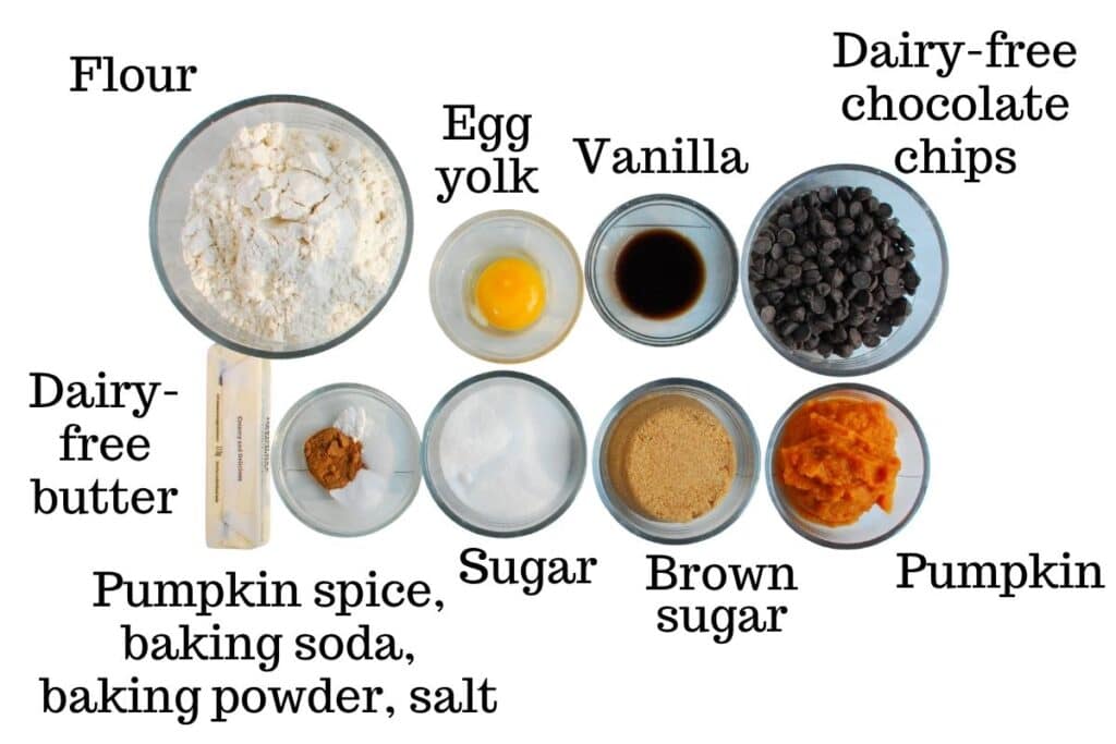 Flour, egg yolk, vanilla, chocolate chips, dairy-free butter, pumpkin spice, baking powder, baking soda, salt, sugar, brown sugar, and pumpkin.