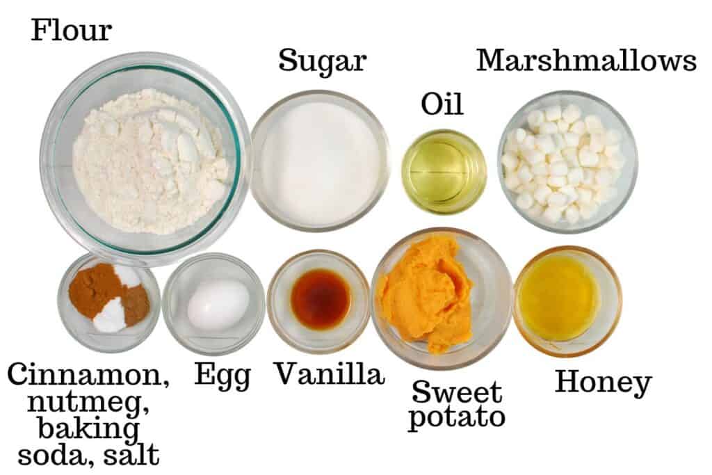 Flour, sugar, oil, marshmallows, cinnamon, nutmeg, baking soda, salt, egg, vanilla, sweet potato, and honey.